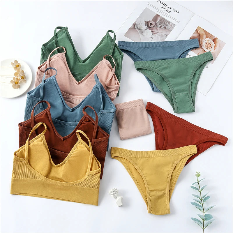 2PCS Bra Set Women Underwear Set Sexy Bralette Female Lingerie Ribbed Tops Seamless Wire Free Bra Panty 2022