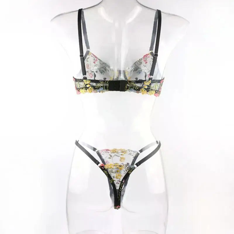 Floral Embroidery Lingerie Set Women Sheer 2-Piece Boho Bra + Panty Underwear Set Intimates