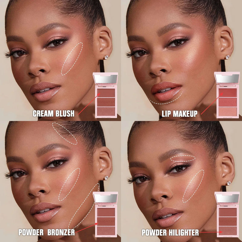 3-Shades Facial Bronzer Highlighter Blush Palette Tinted Moisturizing Cream Cheek Blusher Contouring Multi-use Makeup Brighten