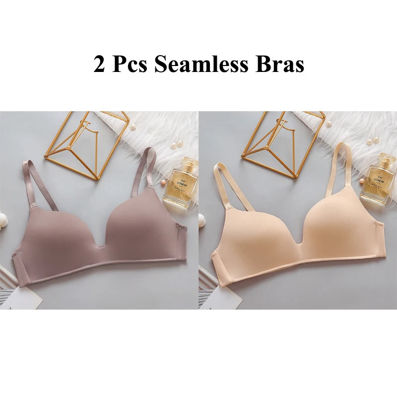 2Pcs Women Push Up Bras Seamless Wireless Underwear Girls Sexy Breathable Thin Brasiere Students No Wire Gathered Bra Lingerie