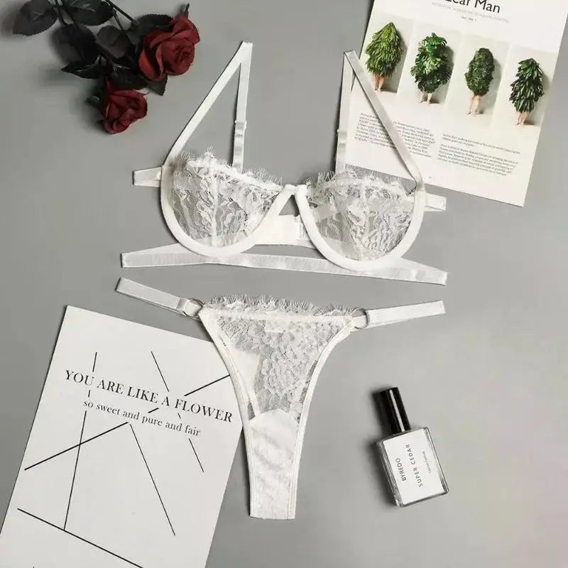 Sexy Lingerie Woman Lace Transparent Underwear Fairy Embroidery Brief Sets Delicate Bra Kit Push Up Breves Sets Thin Erotic Bras