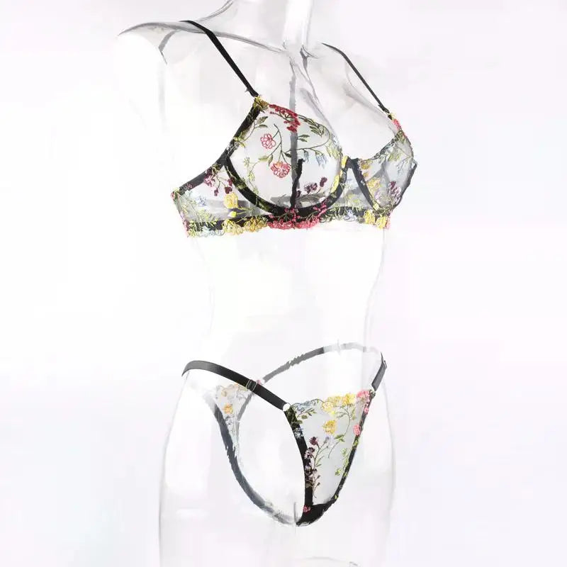 Floral Embroidery Lingerie Set Women Sheer 2-Piece Boho Bra + Panty Underwear Set Intimates