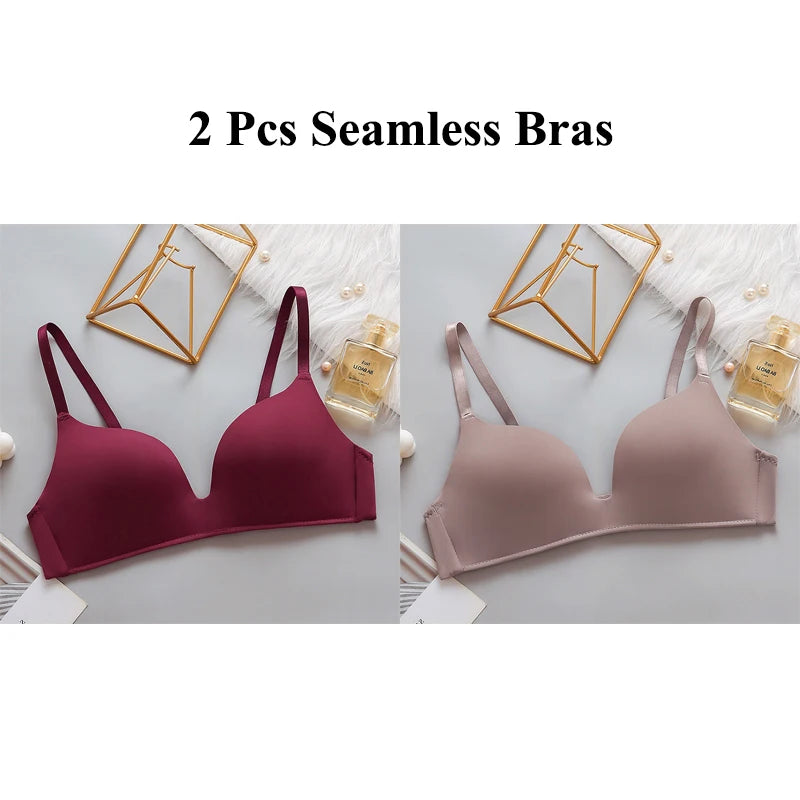 2Pcs Women Push Up Bras Seamless Wireless Underwear Girls Sexy Breathable Thin Brasiere Students No Wire Gathered Bra Lingerie