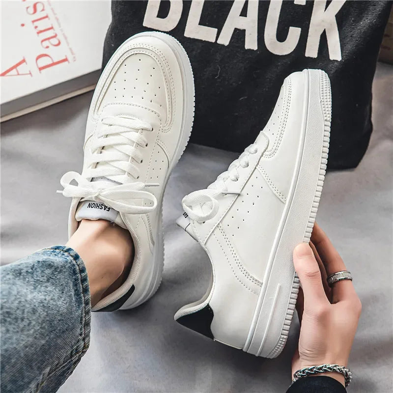 Little White Shoes Mens Summer Soft Leather Breathable Teen Casual Versatile Mens Shoes Lace-up Student Pure White Sneaker Shoes