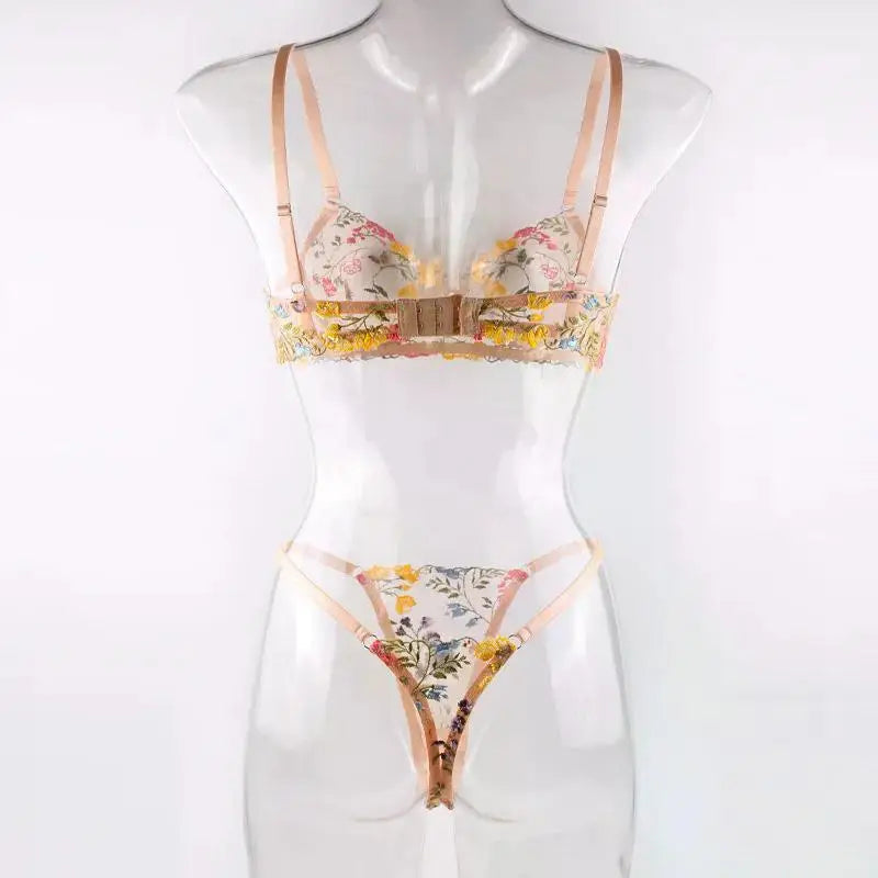 Floral Embroidery Lingerie Set Women Sheer 2-Piece Boho Bra + Panty Underwear Set Intimates