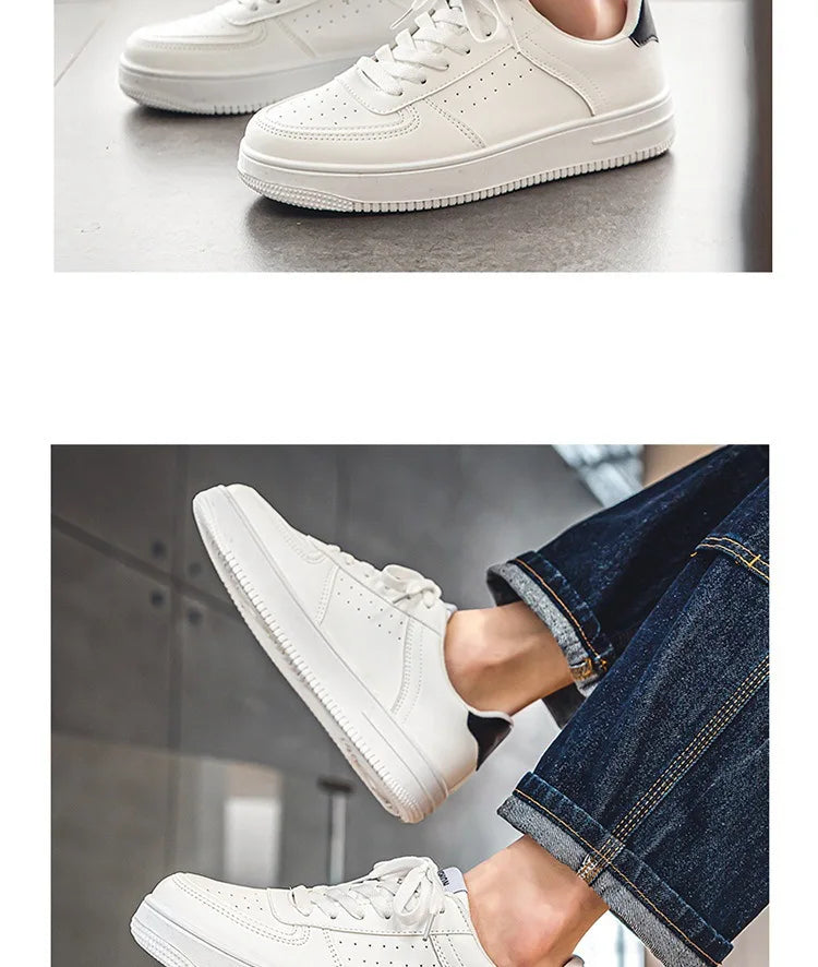 Little White Shoes Mens Summer Soft Leather Breathable Teen Casual Versatile Mens Shoes Lace-up Student Pure White Sneaker Shoes