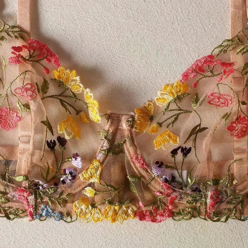 Floral Embroidery Lingerie Set Women Sheer 2-Piece Boho Bra + Panty Underwear Set Intimates