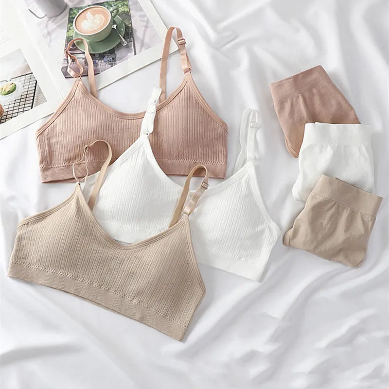 Women Seamless Bra Set Sexy Lingerie High Waist Cotton Thong Panties Wire Free Bra Bralette Comfy Brassiere Female Underwear Set