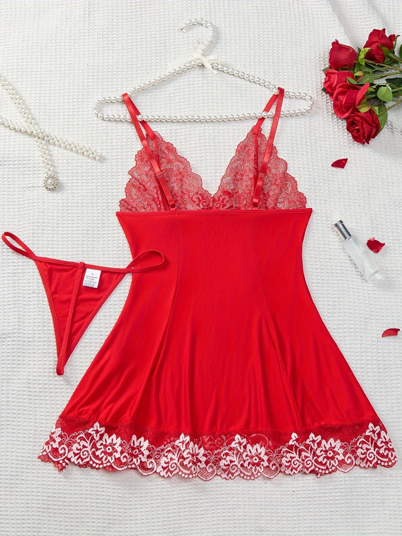 Sexy Women's Slip Fashion Design Nightdress Lace Patchwork Comfortable Slip Dress +thong Women Sexy Sleeveless V-neck Nightgown