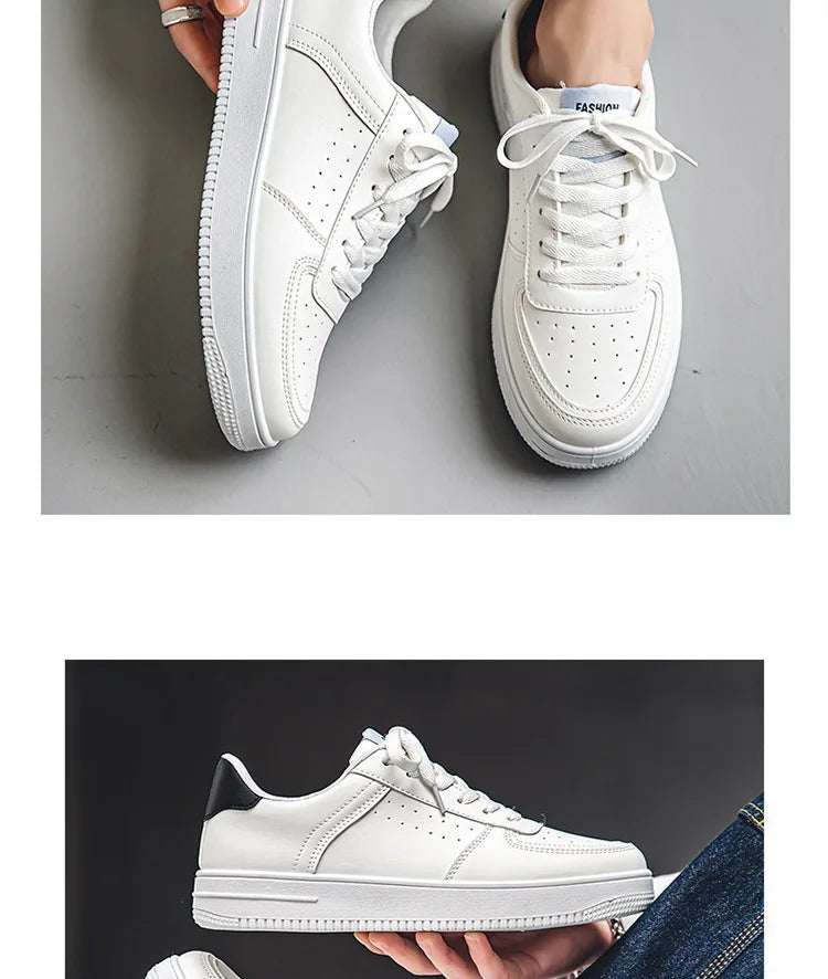 Little White Shoes Mens Summer Soft Leather Breathable Teen Casual Versatile Mens Shoes Lace-up Student Pure White Sneaker Shoes