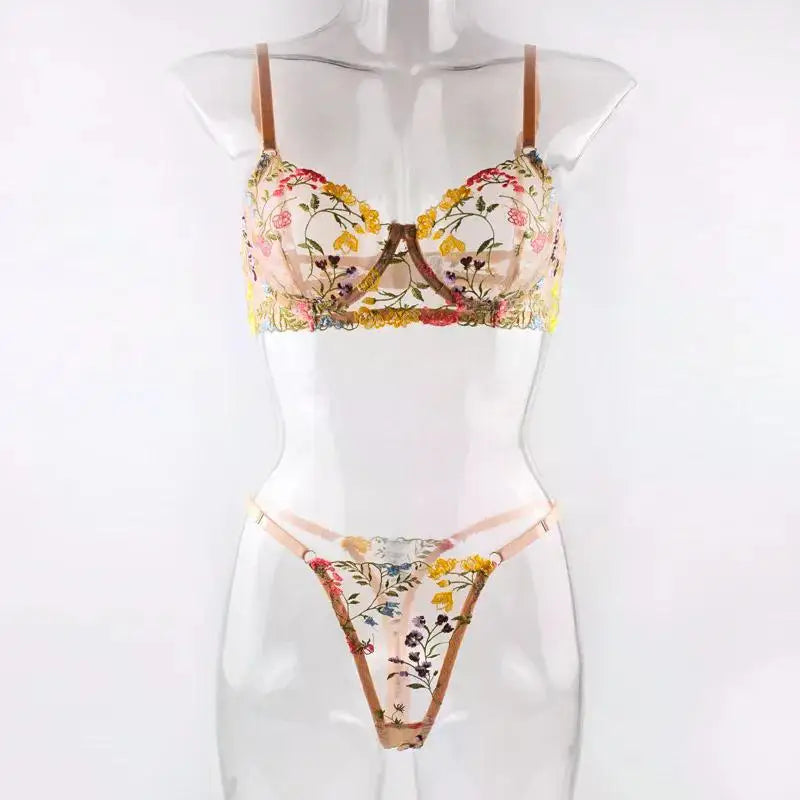 Floral Embroidery Lingerie Set Women Sheer 2-Piece Boho Bra + Panty Underwear Set Intimates