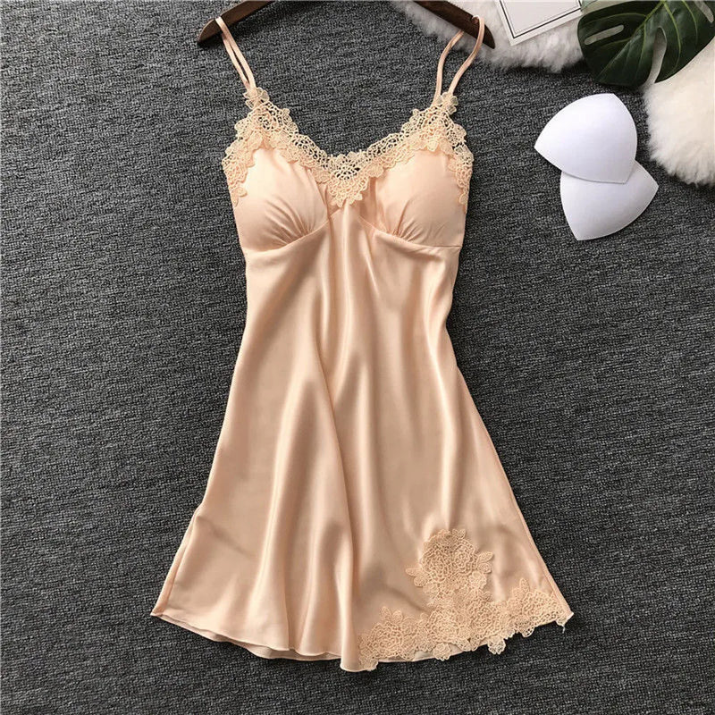 Lingerie For Women 2024 Ice Silk Fabric Sexy Lace Pad Lingerie Nightwear Underwear Robe Babydoll Sleepwear Dress Nightdress