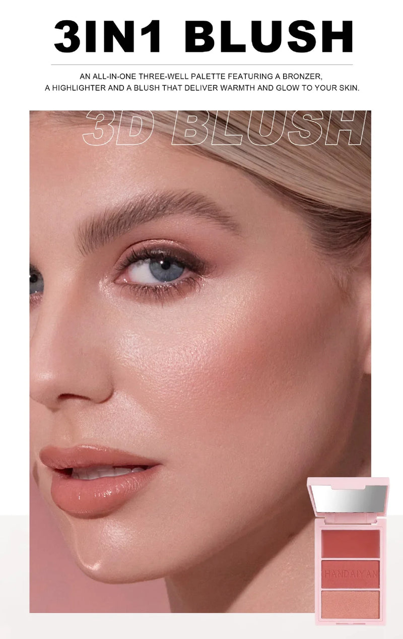 3-Shades Facial Bronzer Highlighter Blush Palette Tinted Moisturizing Cream Cheek Blusher Contouring Multi-use Makeup Brighten