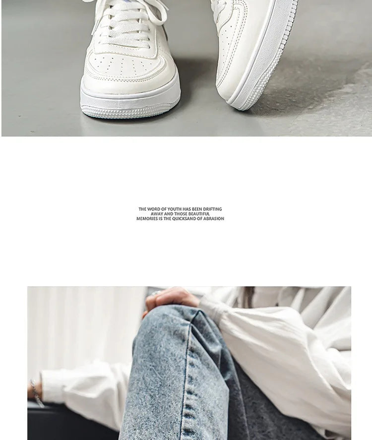 Little White Shoes Mens Summer Soft Leather Breathable Teen Casual Versatile Mens Shoes Lace-up Student Pure White Sneaker Shoes