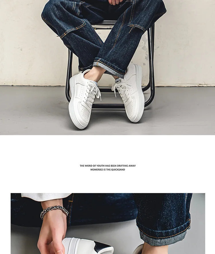 Little White Shoes Mens Summer Soft Leather Breathable Teen Casual Versatile Mens Shoes Lace-up Student Pure White Sneaker Shoes