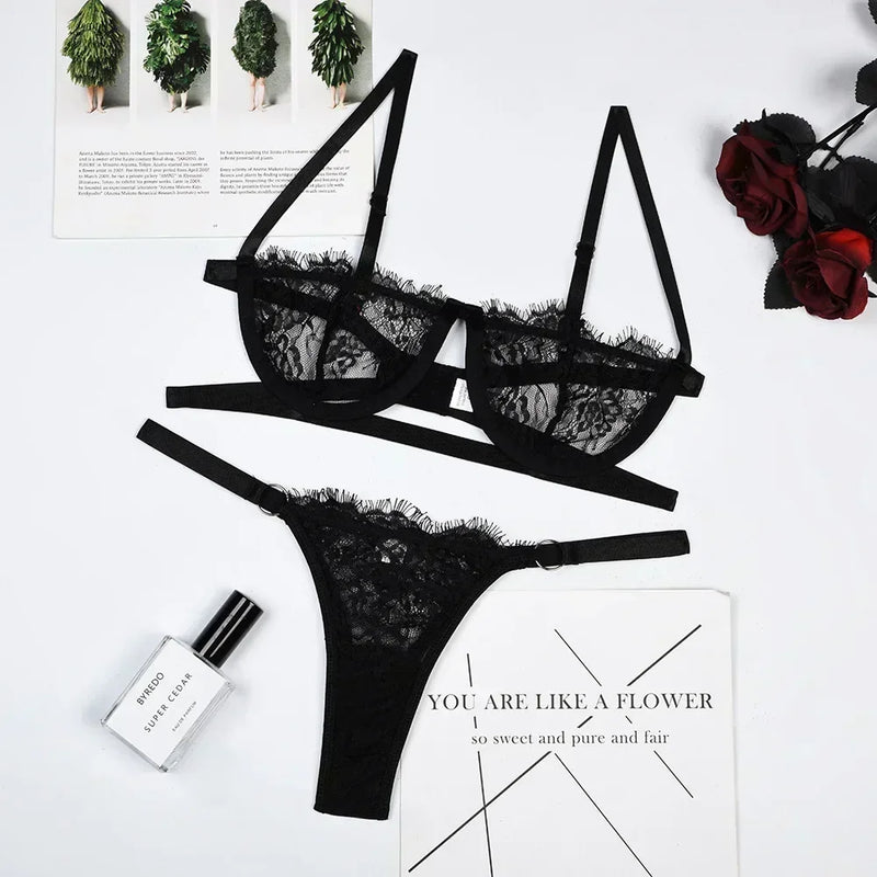 Sexy Lingerie Woman Lace Transparent Underwear Fairy Embroidery Brief Sets Delicate Bra Kit Push Up Breves Sets Thin Erotic Bras