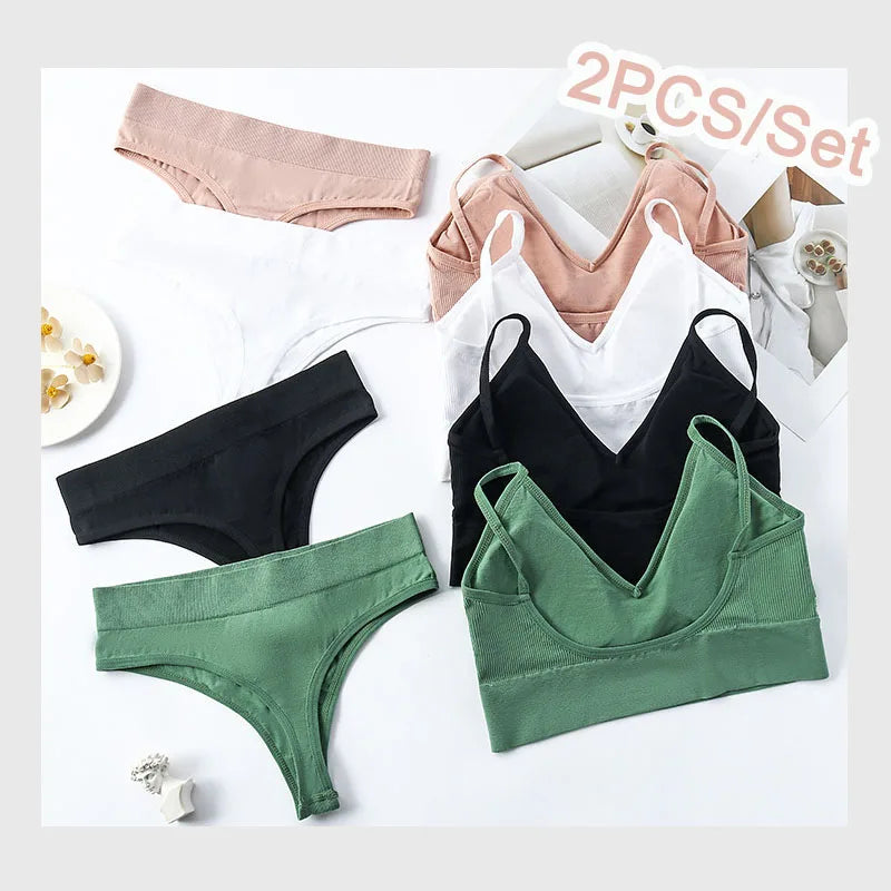 2 PCS/Set Women Underwear Set Wireless Lingerie Panties Bra Sexy G-String Seamless Tank Crop Top Brassiere New