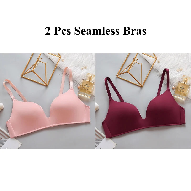 2Pcs Women Push Up Bras Seamless Wireless Underwear Girls Sexy Breathable Thin Brasiere Students No Wire Gathered Bra Lingerie